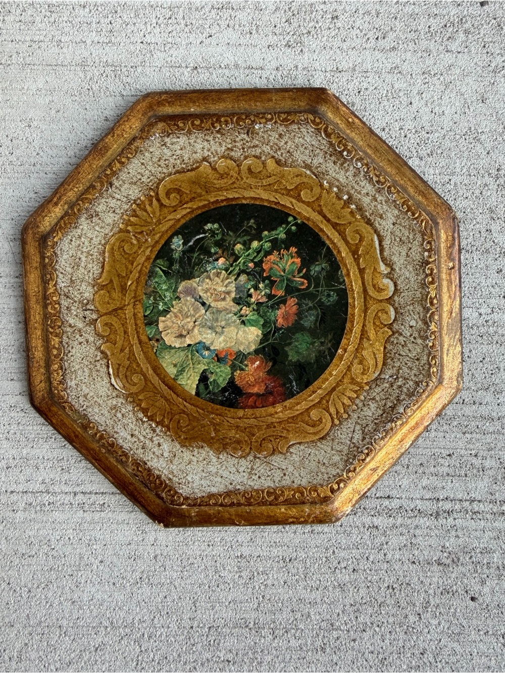 Vintage Italian Florentine Gold Gilt Wooden Wall Plaque Floral Art Octagon 6.5”